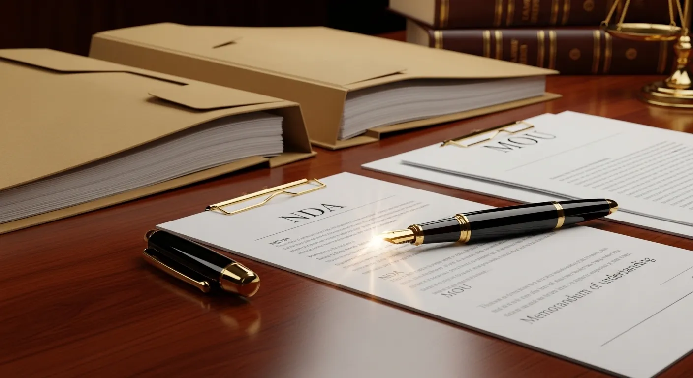Documentos de NDA, MOU e contrato de compra e venda sobre uma mesa de reunião.