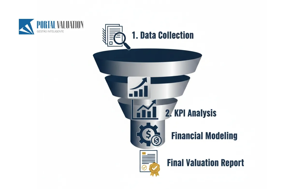 Infográfico do processo de valuation para clínicas médicas da coleta de dados ao laudo final