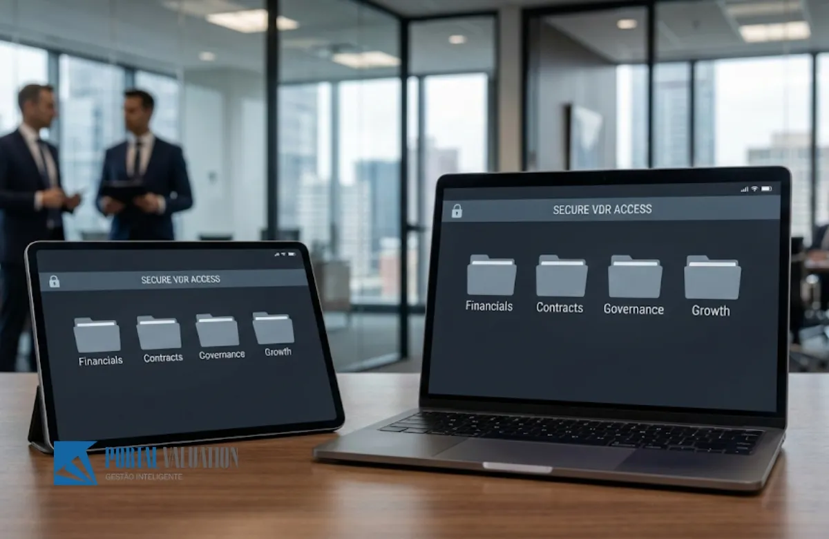 Virtual Data Room (VDR) seguro com documentos financeiros e de governança organizados para M&A de clínicas médicas