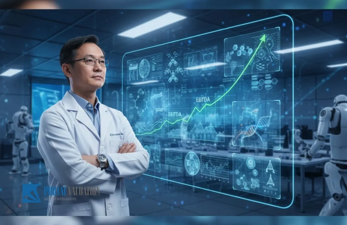 Médico radiologista analisando exames com auxílio de Inteligência Artificial e gráfico de ganho de produtividade para análise de valuation.
