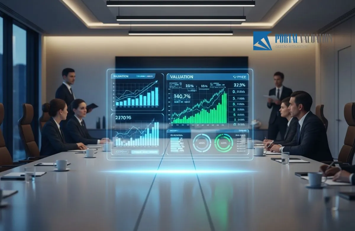Empresário analisando gráficos de valuation e métricas de mercado em uma tela digital de alta tecnologia.