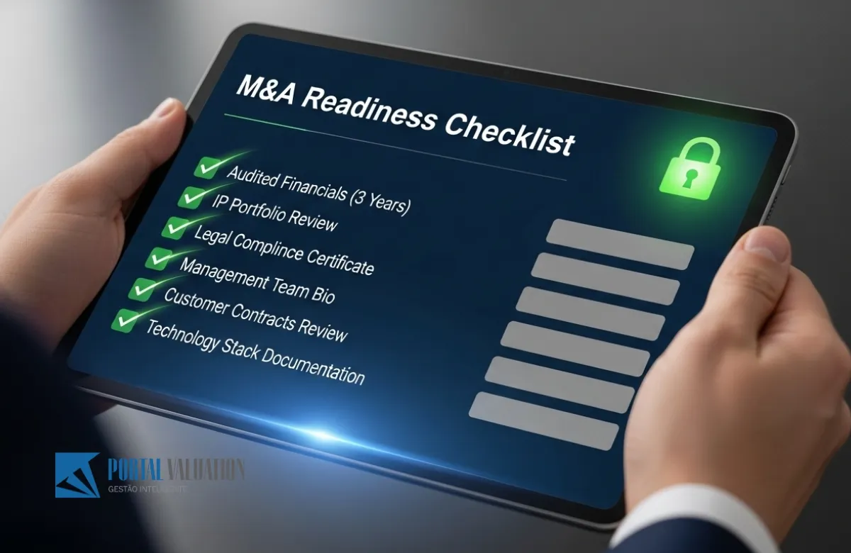Um tablet seguro exibindo uma lista de verificação de documentos financeiros e jurídicos com vários itens marcados como "Concluído" em verde.