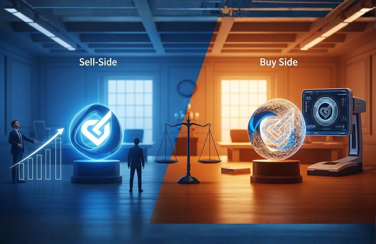 Representação visual dividida mostrando de um lado a estratégia de venda (Sell-Side) com foco em valorização, e do outro a estratégia de compra (Buy-Side) com foco em análise de risco e aquisição. intermediação de negócios