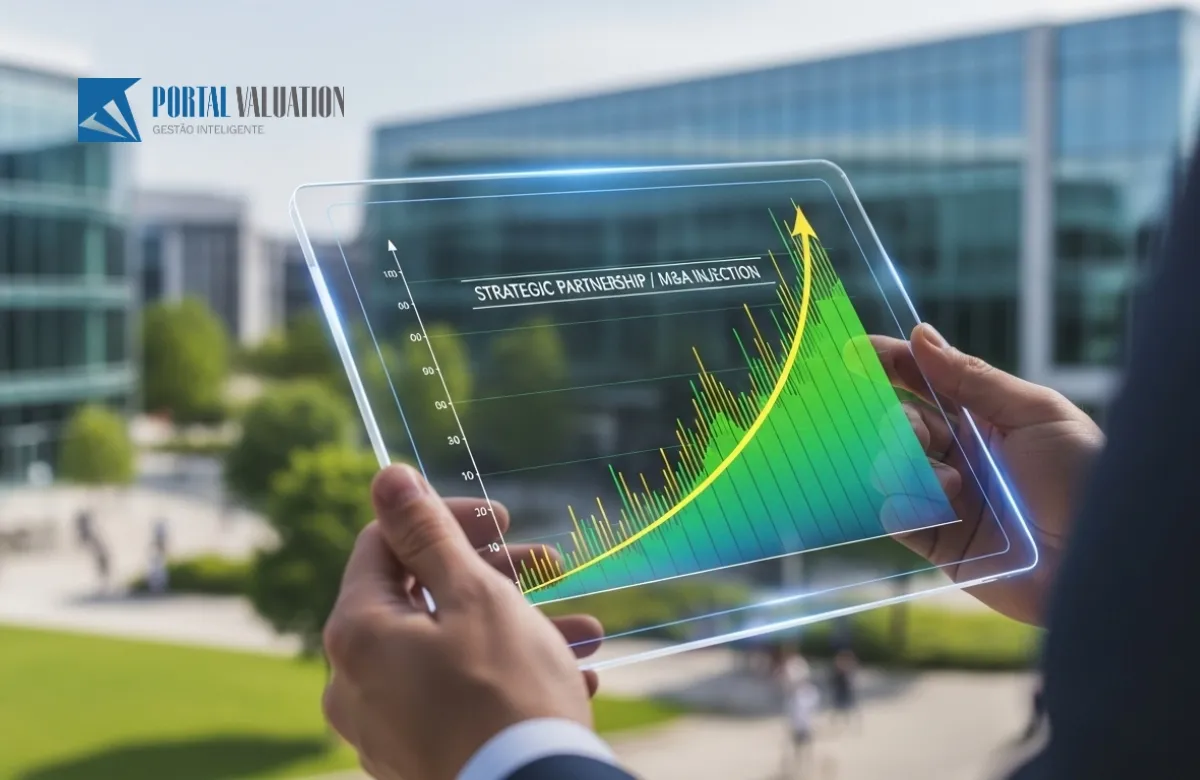 Gráfico financeiro em um tablet transparente mostrando uma curva de crescimento acentuada após um ponto de fusão ou injeção de capital.
