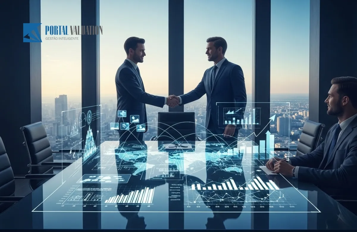 Dois executivos de alto nível apertando as mãos sobre uma mesa de conferência futurista com projeções holográficas de dados financeiros e estruturas corporativas globais.