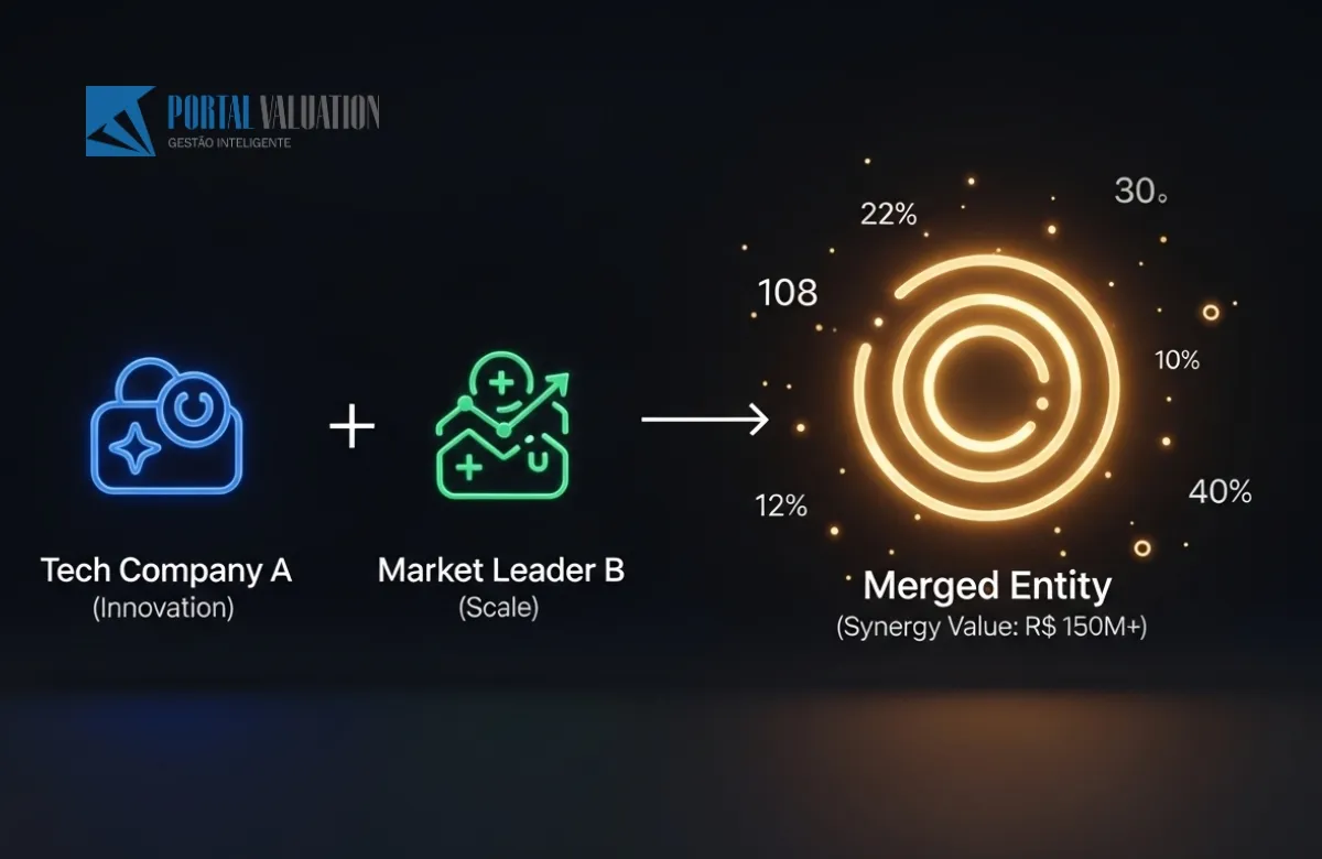 Infográfico visual mostrando uma "Empresa A" + "Empresa B" resultando em uma "Nova Empresa" com valor de mercado ampliado.