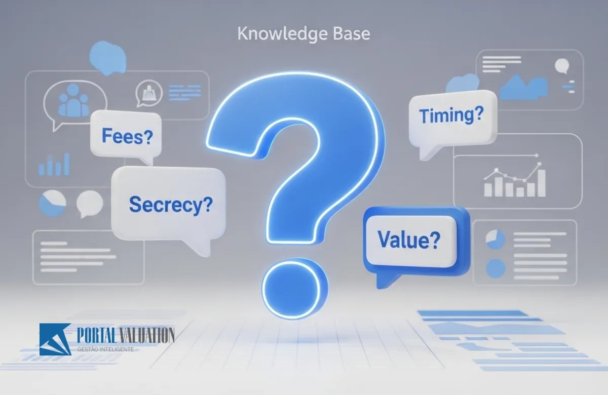 Um ícone moderno de ponto de interrogação 3D cercado por ícones menores de balões de fala e soluções, representando clareza e respostas.