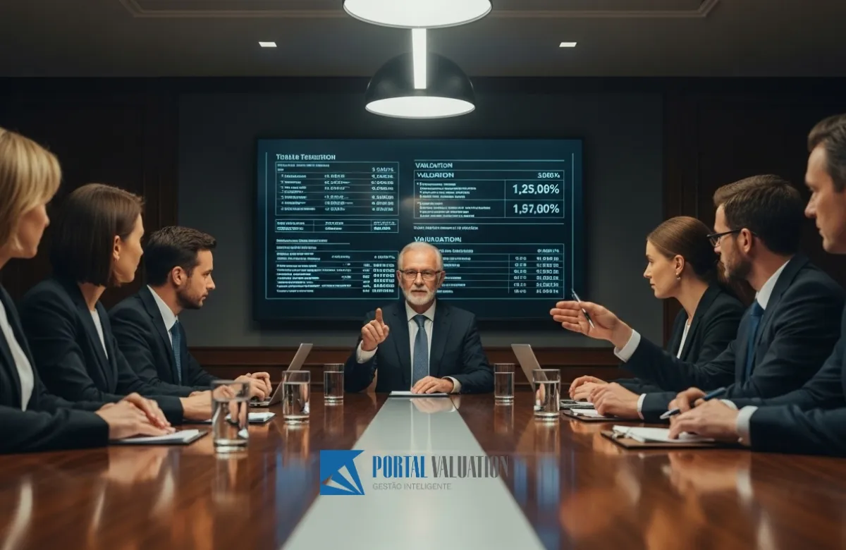 Uma sala de reunião tensa mas controlada, com negociadores focados e um mediador central conduzindo a conversa com dados em uma tela grande.