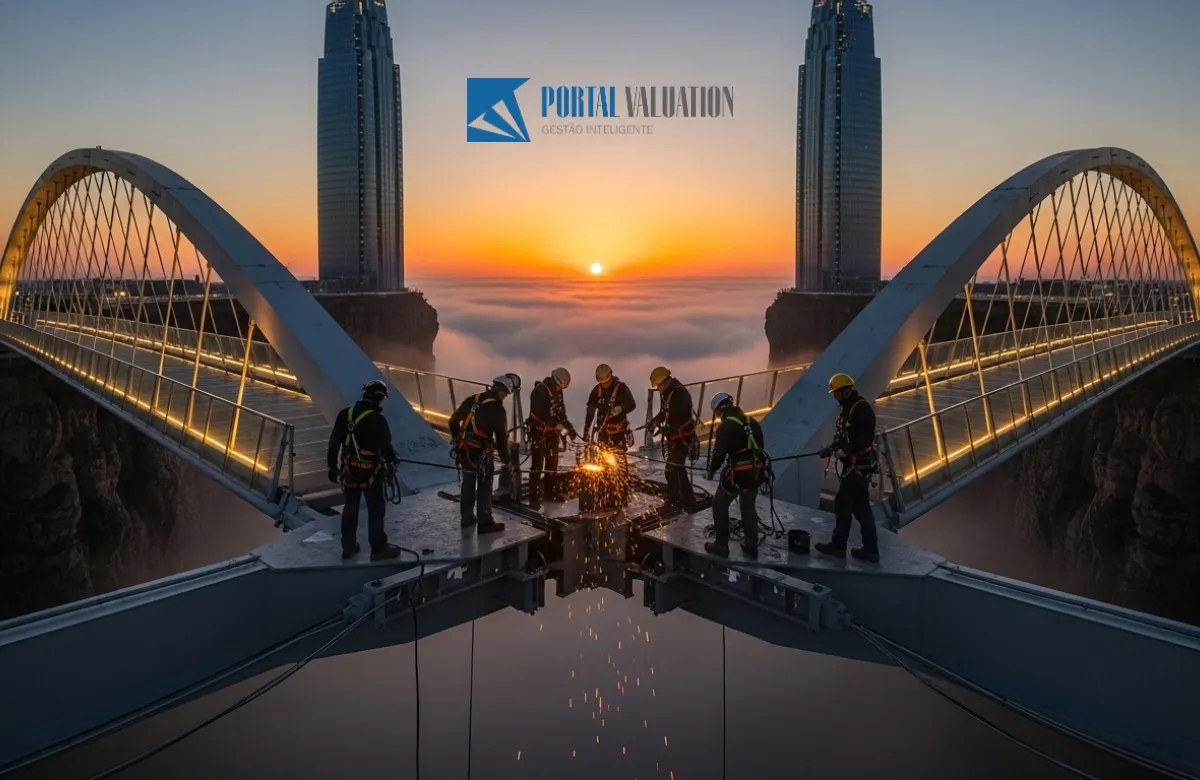 Uma ponte sólida e moderna sendo construída sobre um abismo, conectando duas empresas distintas em um cenário desafiador.