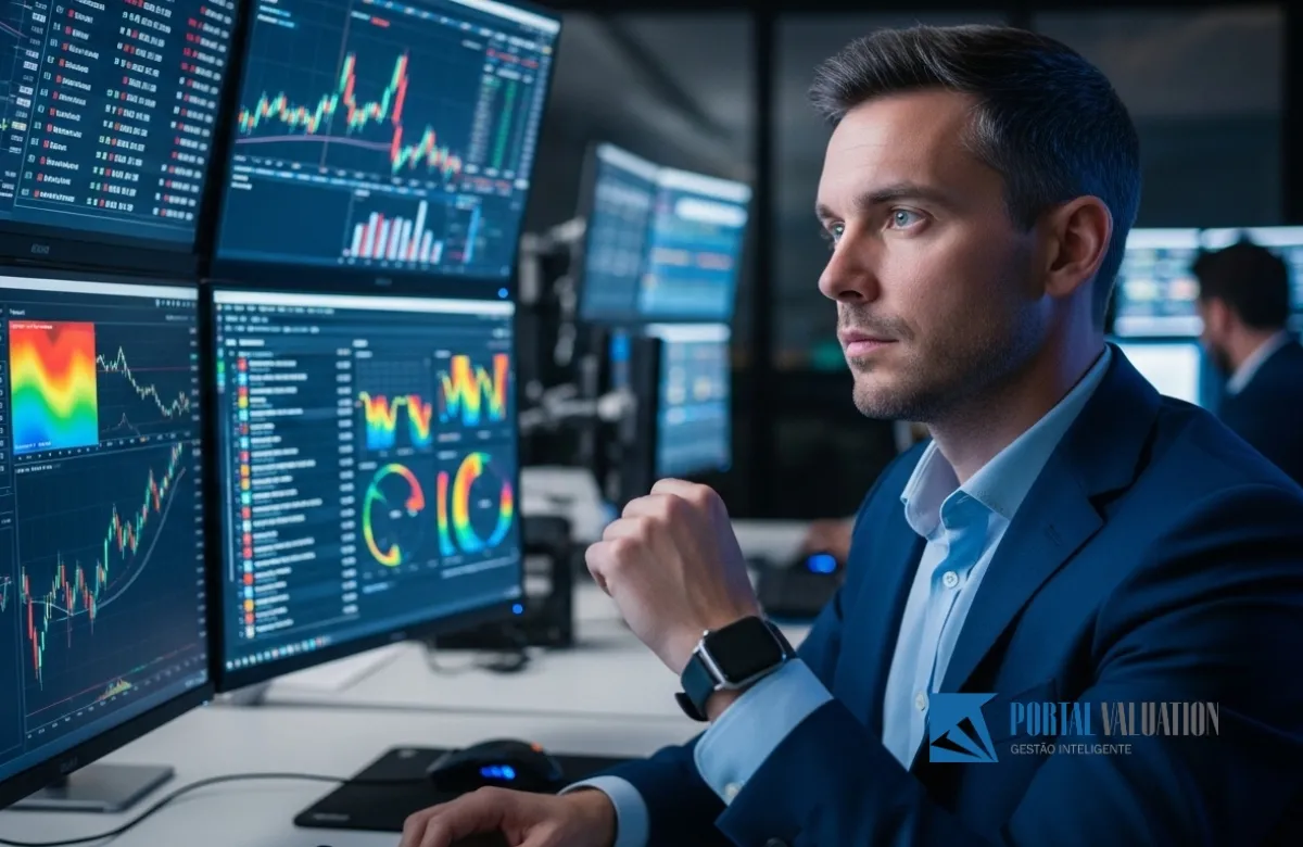 Um profissional analista em uma sala de controle financeiro avançada, monitorando múltiplas telas com dados de mercado e potenciais compradores.