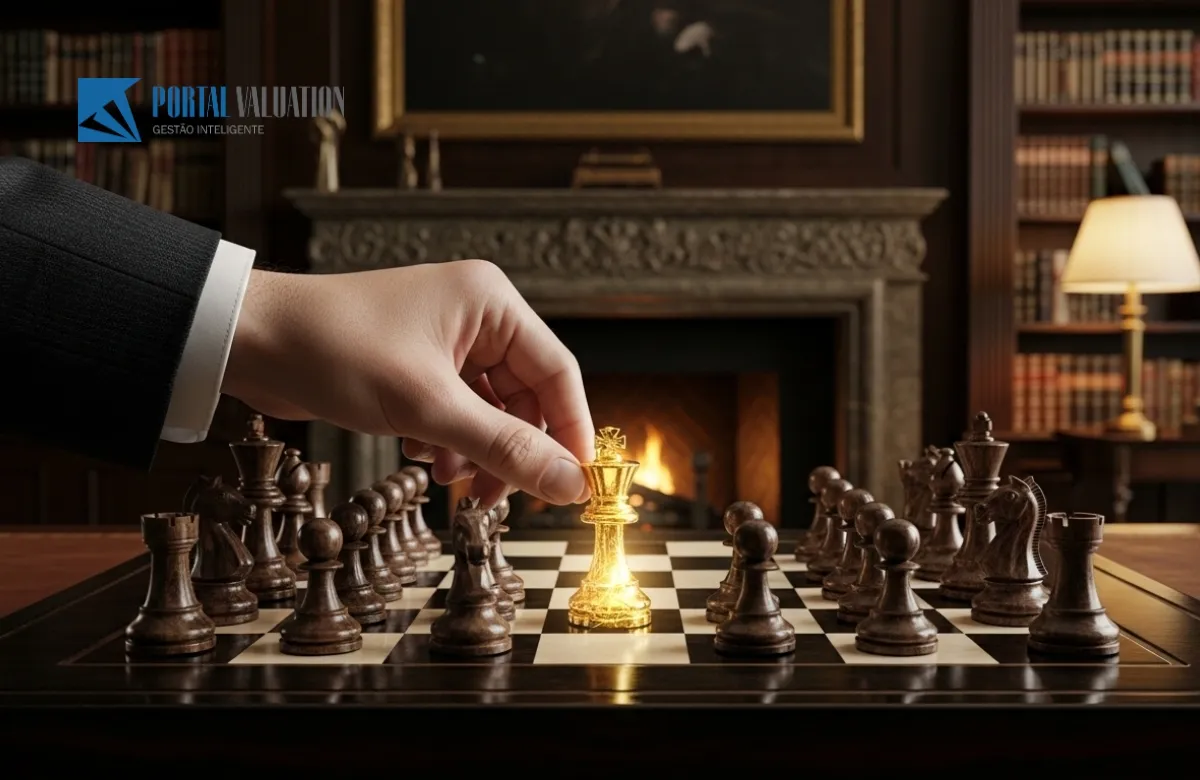 Uma mão vestindo terno selecionando uma peça de xadrez de ouro (o rei) em meio a várias peças comuns de madeira.