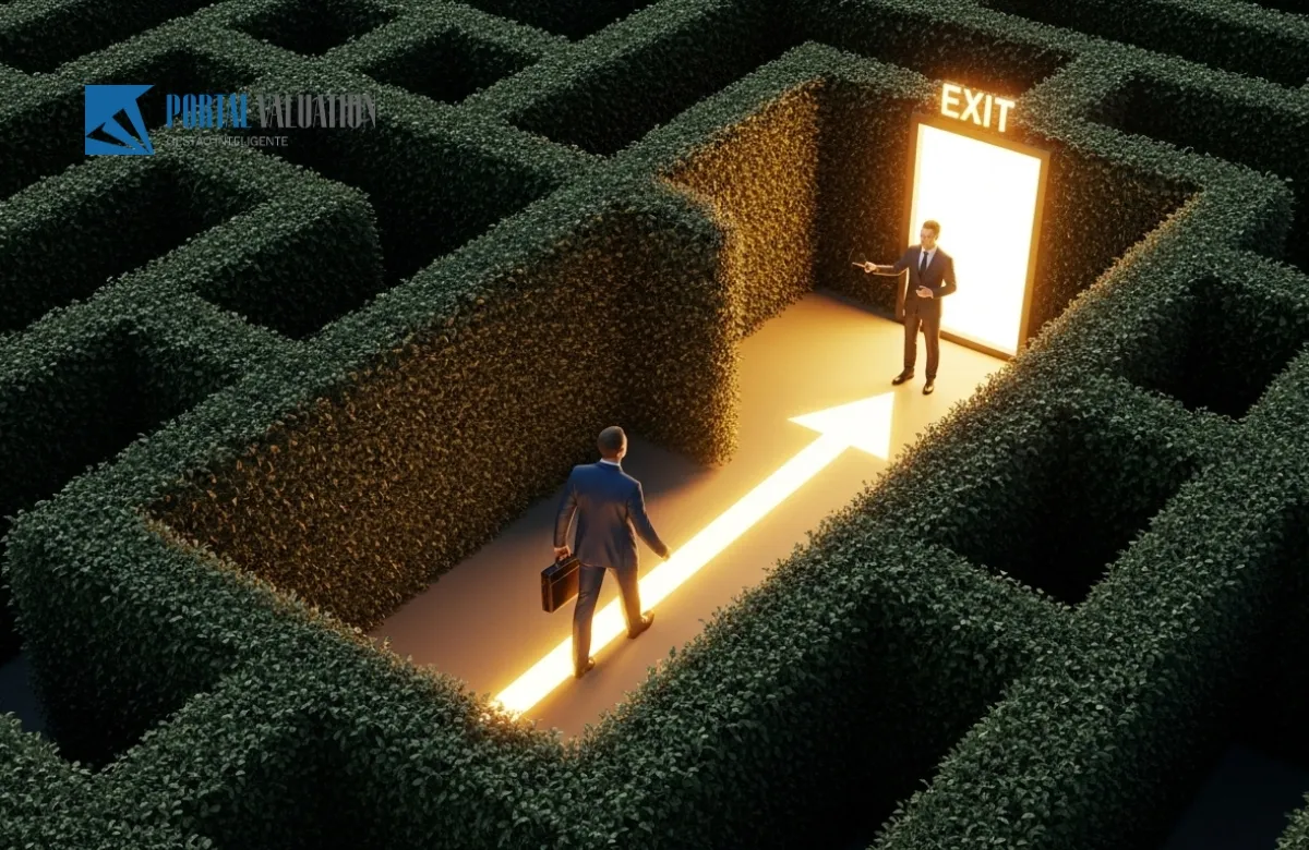Um empresário atravessando um labirinto complexo com facilidade graças a um caminho iluminado e direto criado por um intermediador.