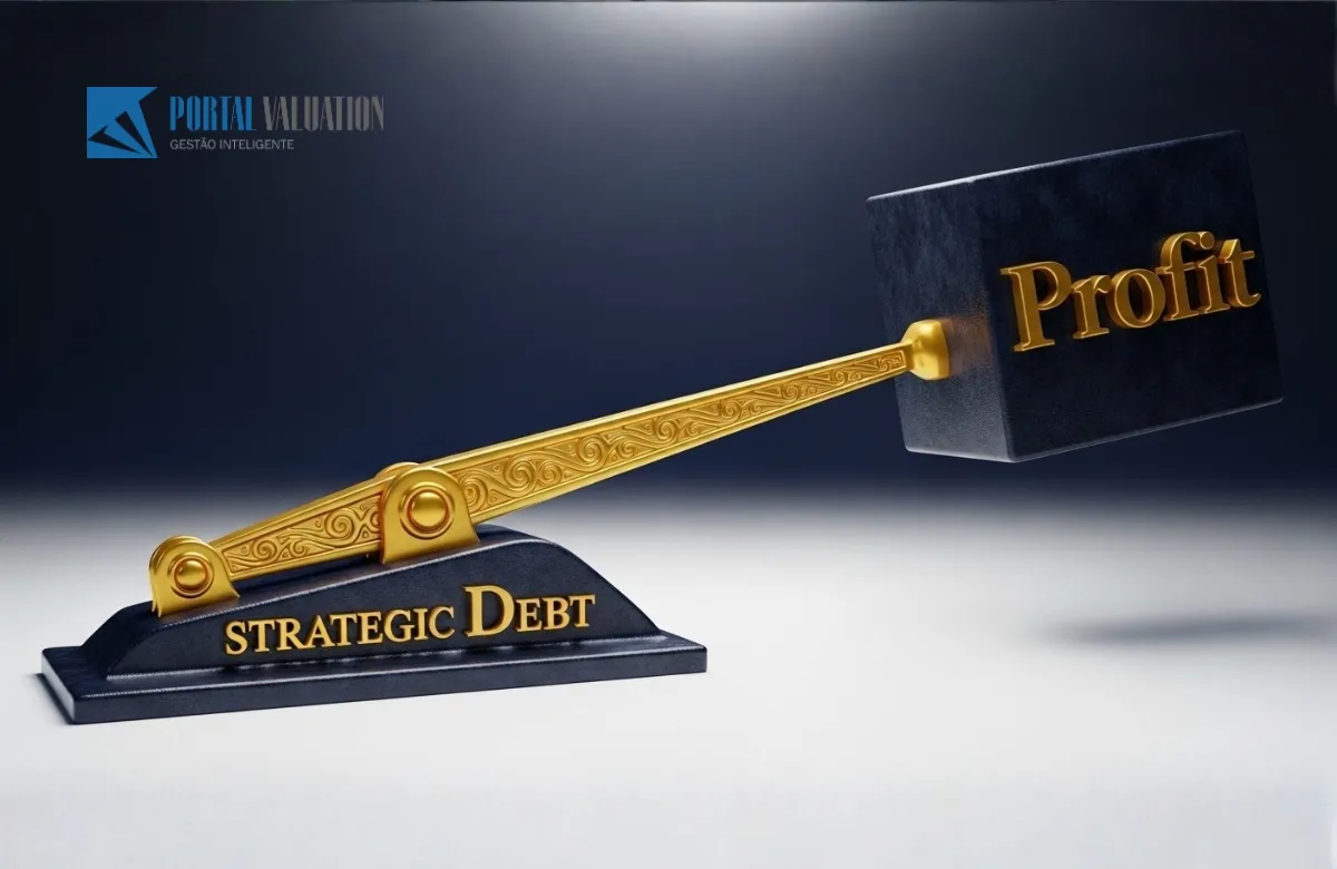 Alavanca mecânica dourada levantando um bloco de lucro representando o ROE e Valuation.