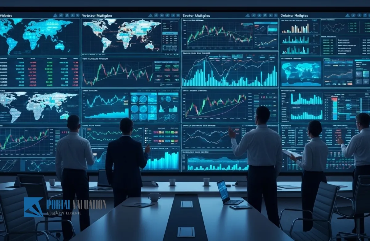 Tabela de benchmarks setoriais de múltiplos de EBITDA para tomada de decisão estratégica em M&A.
