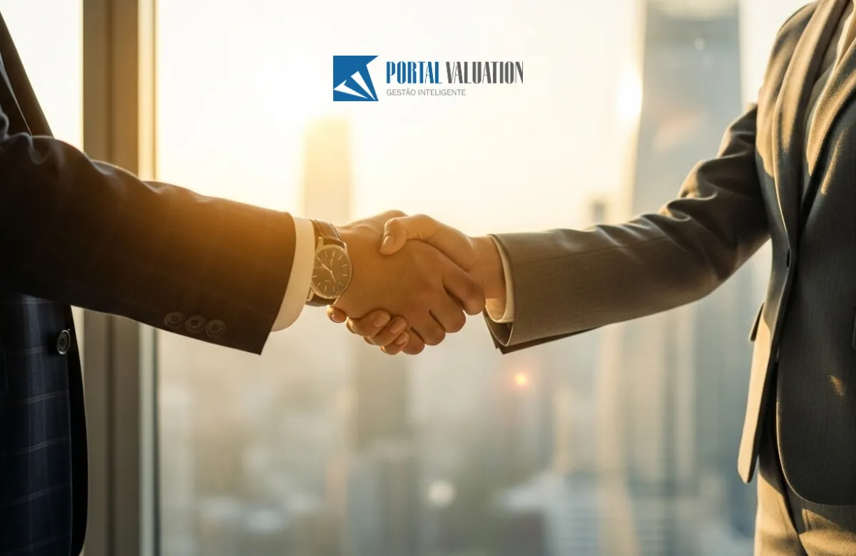 Aperto de mãos selando um acordo de M&A em um ambiente corporativo de luxo.