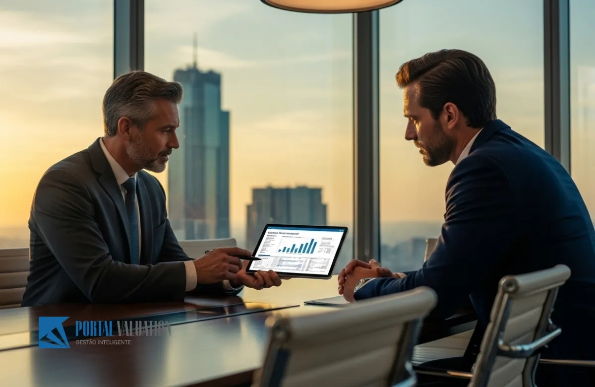Corretor de negócios profissional apresentando laudo de valuation e múltiplos de EBITDA para venda de empresa.