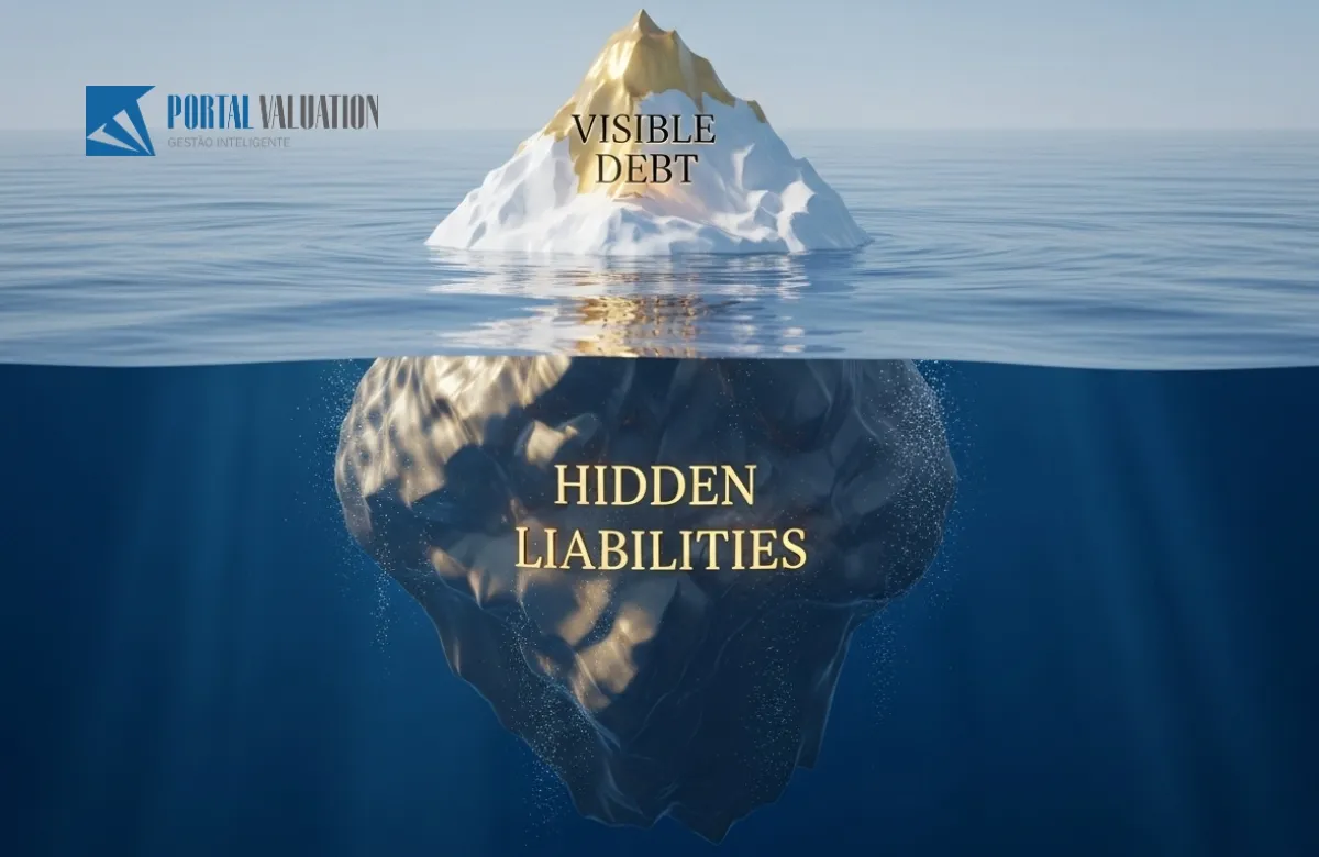Iceberg financeiro mostrando a dívida visível e itens de dívida ocultos (debt-like items).