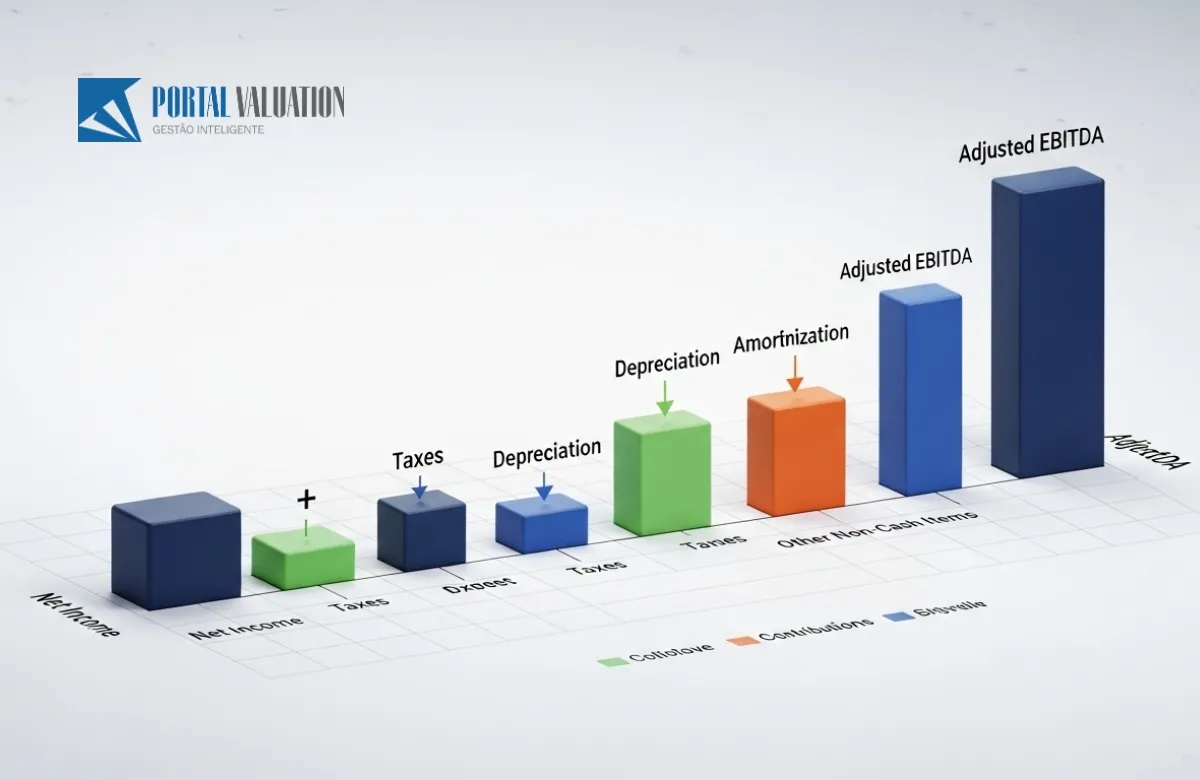 Diagrama de ponte financeira (Waterfall Chart) conectando lucro líquido ao EBITDA ajustado.