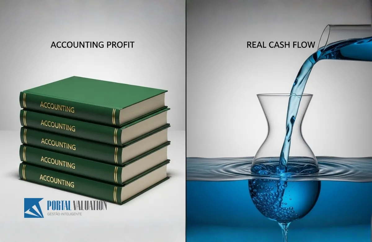 Diagrama comparativo entre lucro contábil EBITDA e fluxo de caixa operacional.
