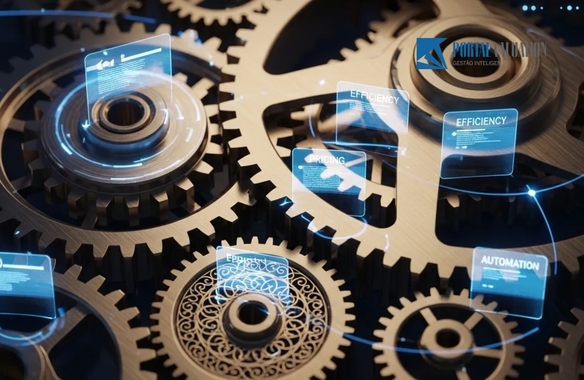 Engrenagens douradas representando a otimização de processos e custos operacionais para aumentar o EBITDA.
