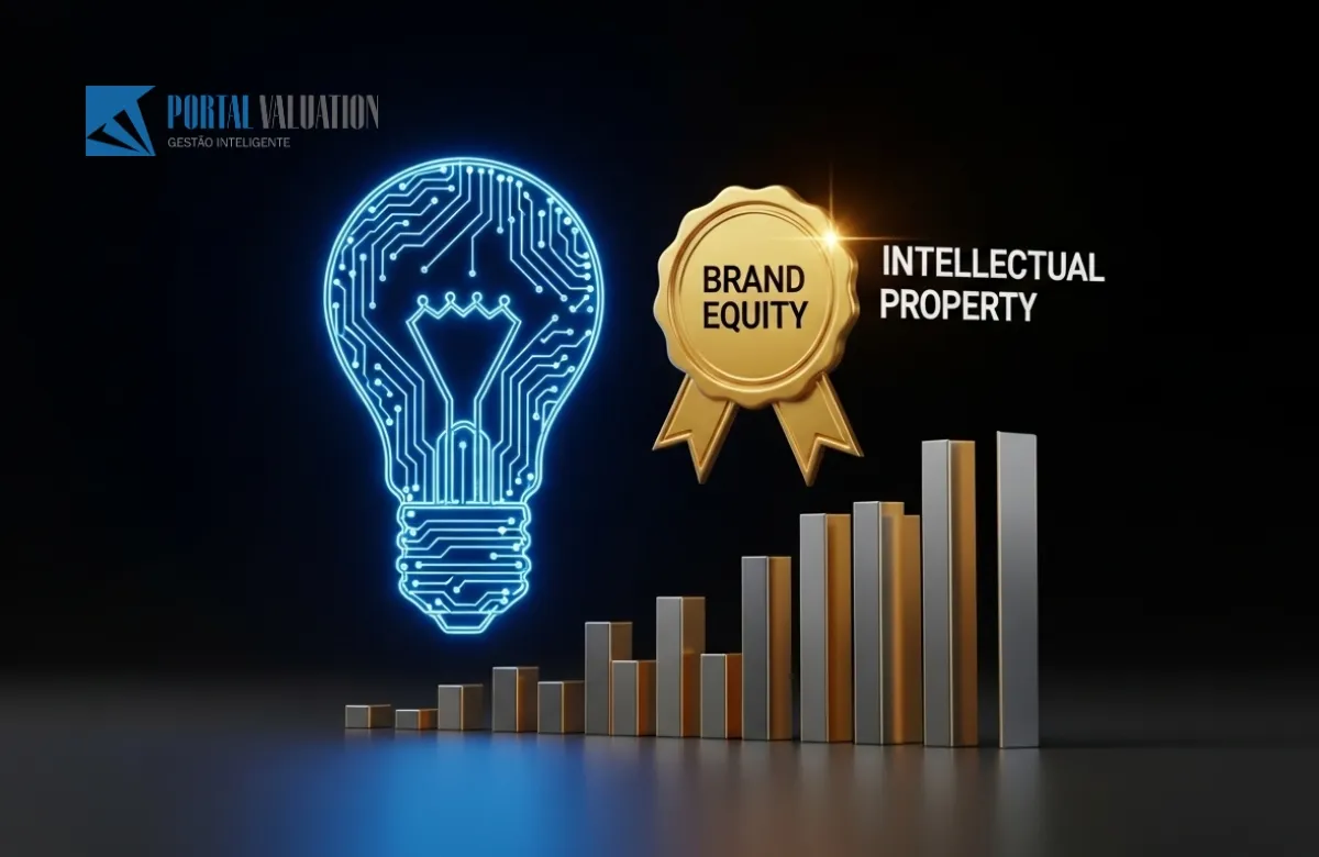 Ícones de marca forte e patentes agregando valor intangível a um gráfico financeiro.