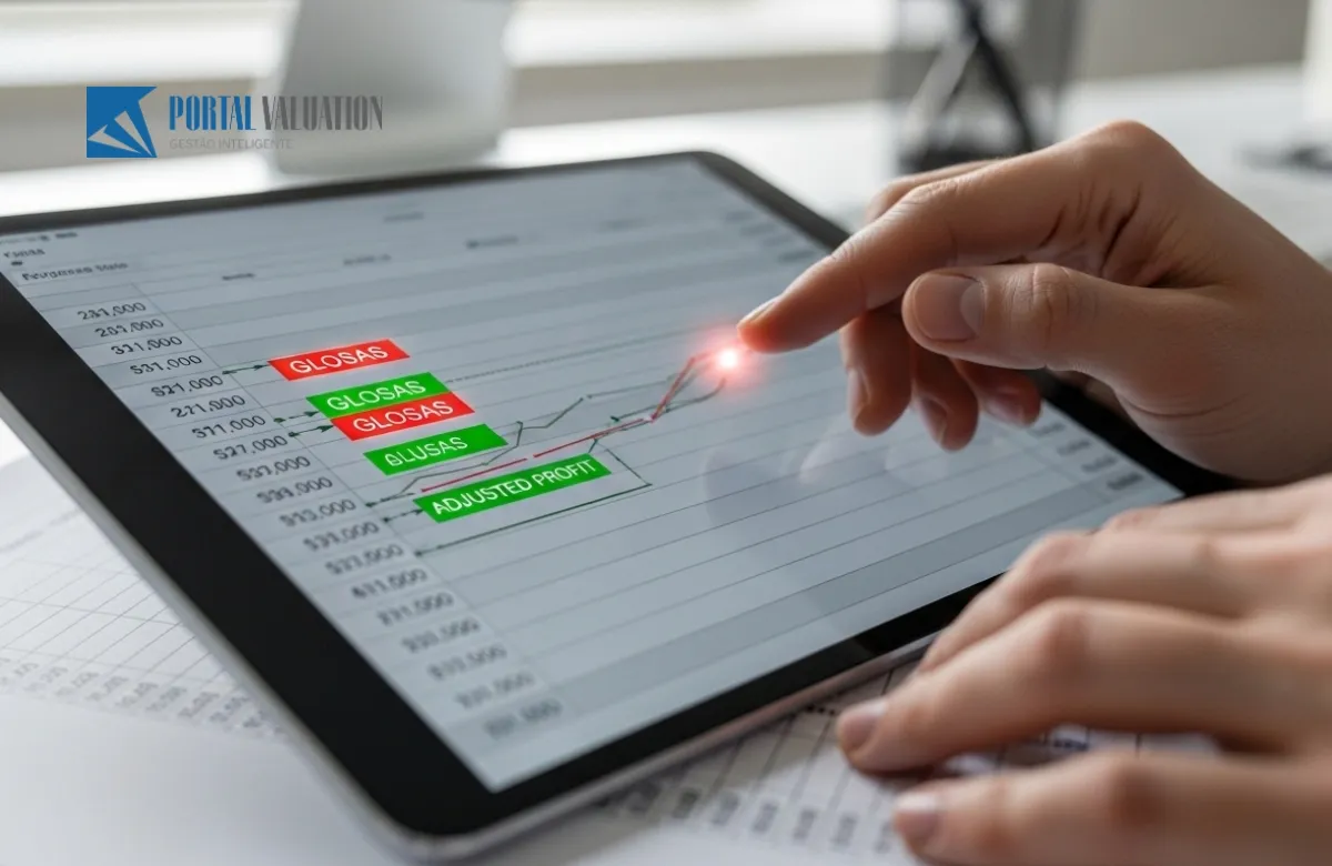 Auditor examinando documentos financeiros com uma lupa digital, destacando ajustes de EBITDA.