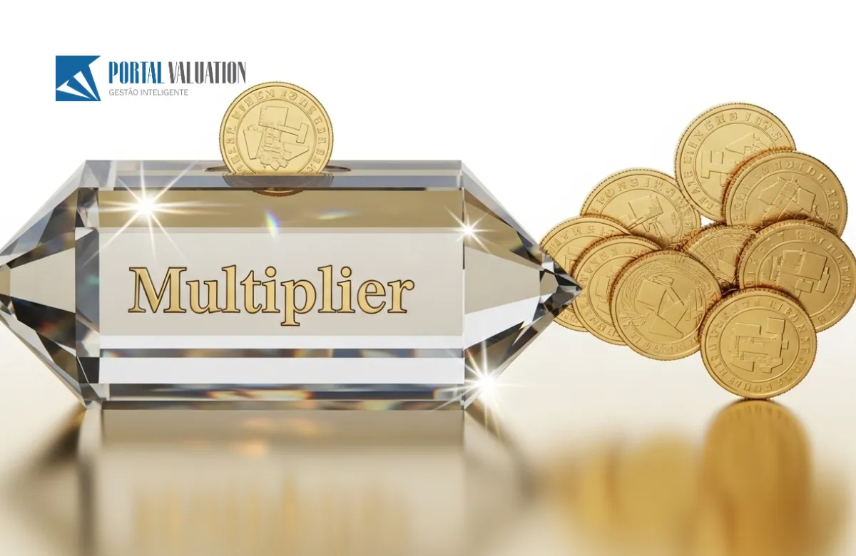 Representação visual de uma moeda transformando-se em várias através de um prisma de múltiplo de valuation.