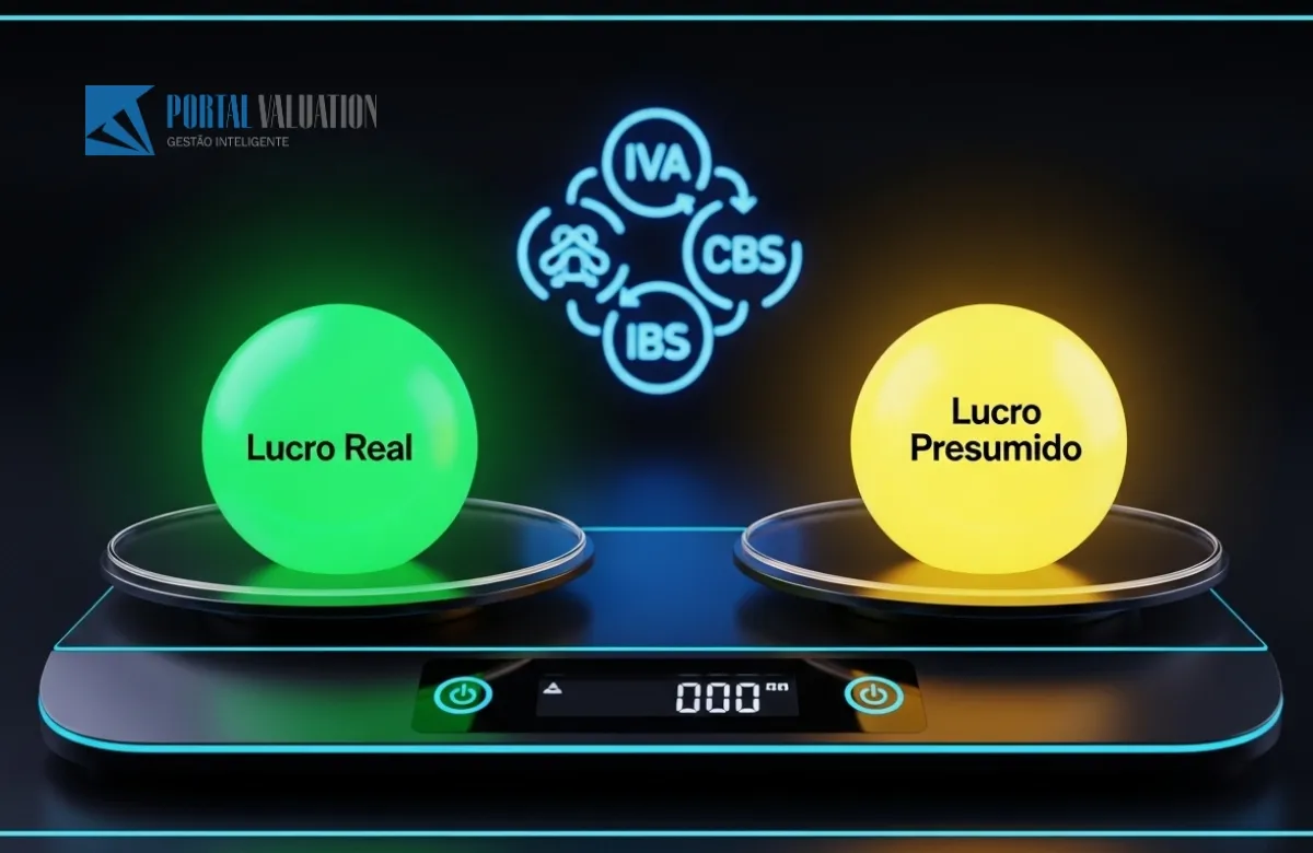 Balança comparando Lucro Real e Lucro Presumido sob o impacto do novo IVA (CBS/IBS).