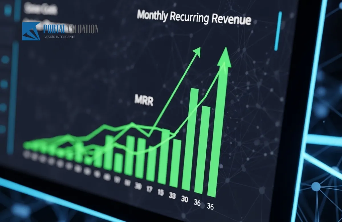 Gráficos de receita recorrente (MRR) e escalabilidade em empresa de tecnologia para valuation.