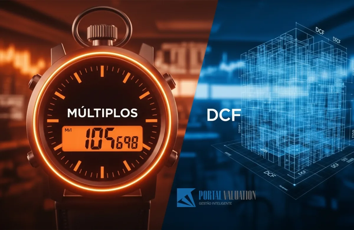 Comparação visual entre um cronômetro neon (Múltiplos) e uma planta arquitetônica 3D complexa (DCF) em uma mesa digital.