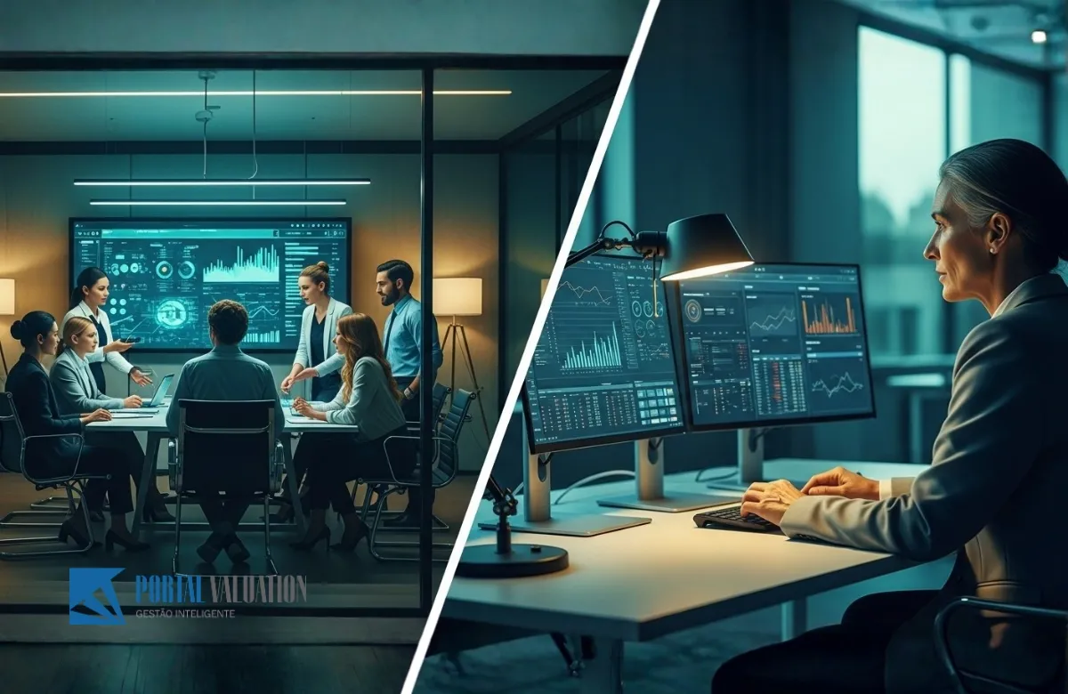 Comparação entre uma equipe de especialistas em sala de vidro e um profissional individual em sua mesa de trabalho.