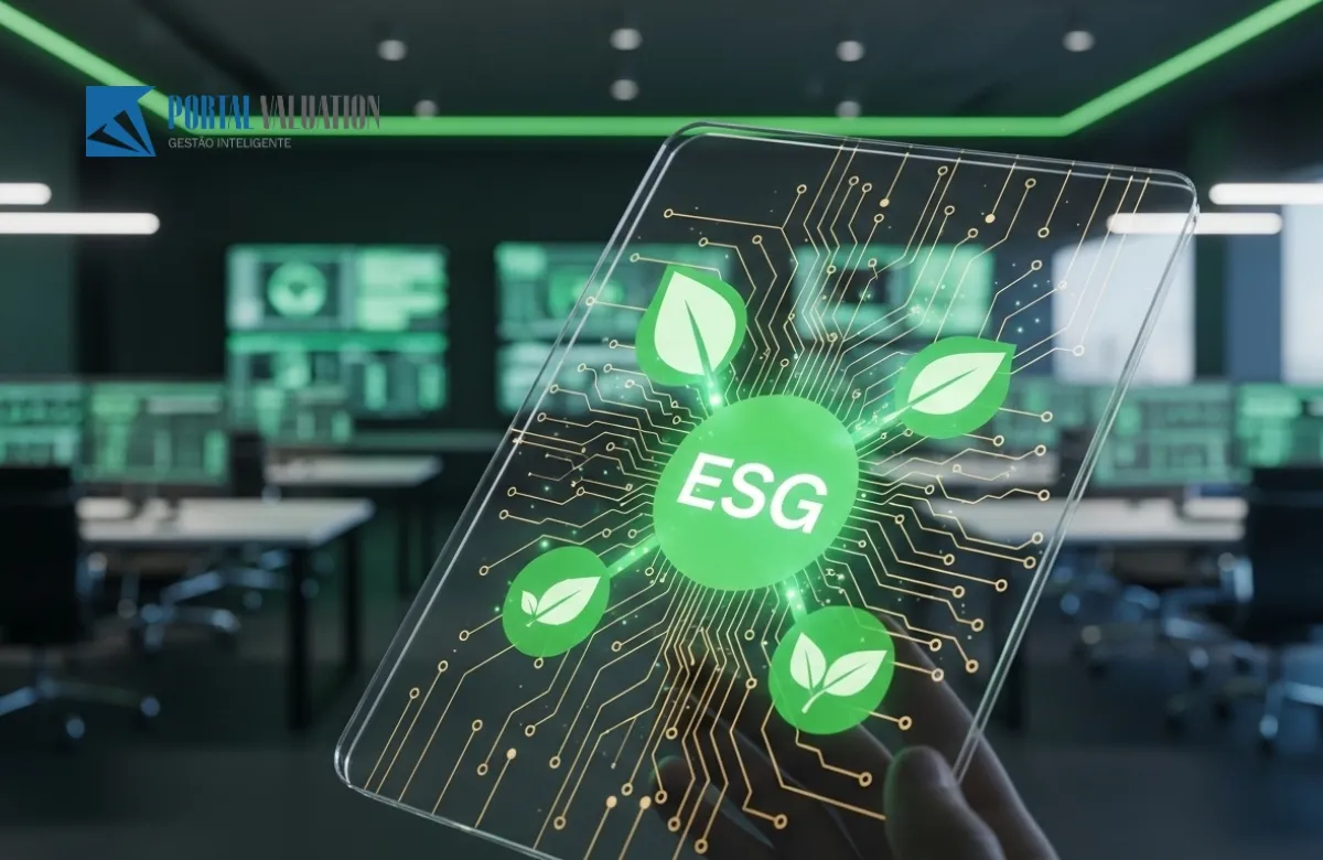 Gráficos holográficos verdes (ESG) e circuitos integrados (Ativos Digitais) flutuando sobre uma mesa de vidro.