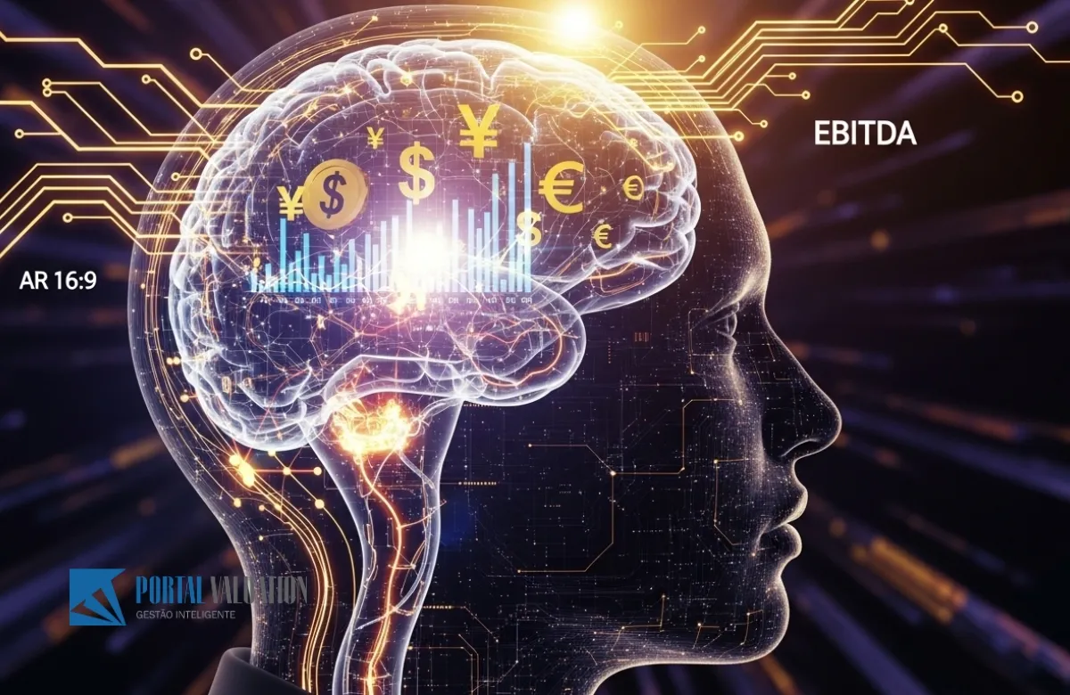 Um cérebro humano estilizado em luz conectando-se a uma rede de inteligência artificial sobre dados financeiros.