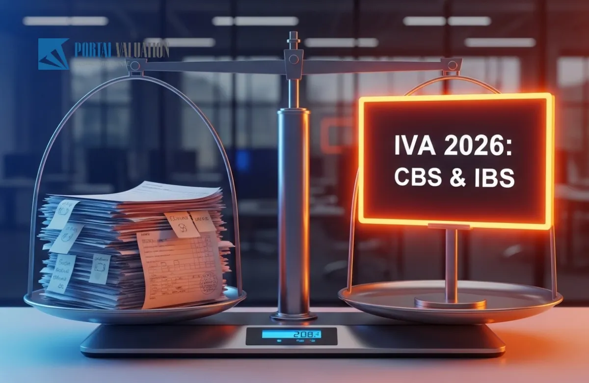 Uma balança comparando o antigo sistema tributário com o novo IVA (CBS/IBS) em um ambiente corporativo.