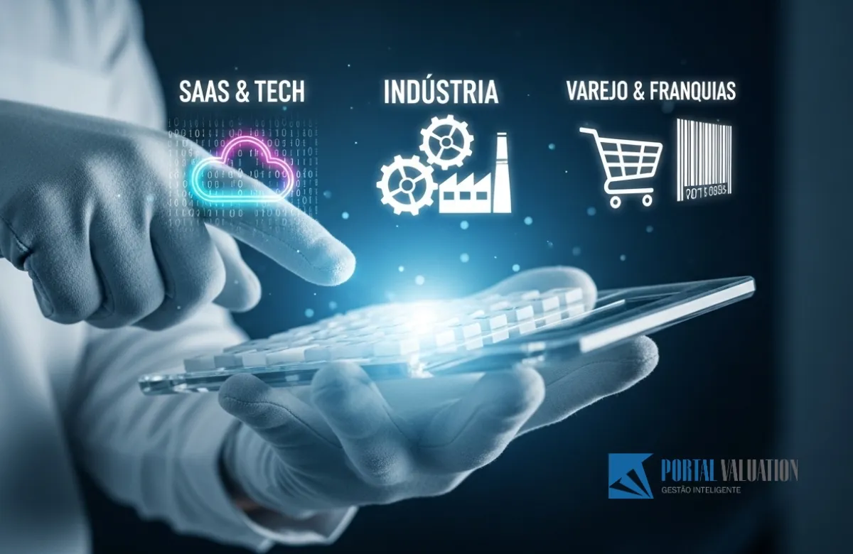 Uma mão segurando uma calculadora financeira sofisticada que flutua sobre três ícones holográficos representando SaaS (nuvem e código), Indústria (engrenagens e fábrica) e Varejo (carrinho e código de barras).