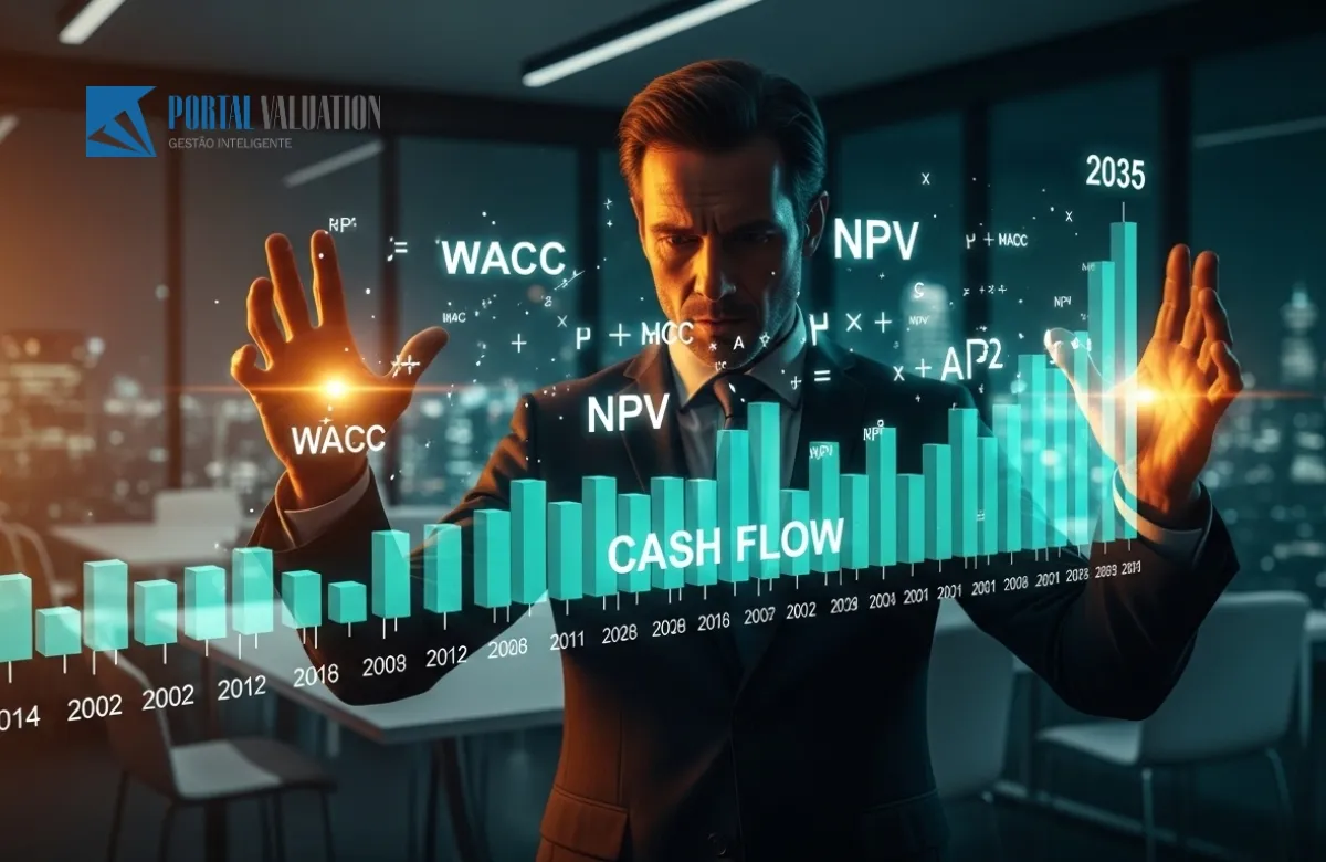 Um especialista em finanças observando uma linha do tempo holográfica que projeta lucros futuros em 3D.