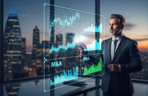 Consultor financeiro analisando gráficos de valuation e M&A em ambiente corporativo moderno.