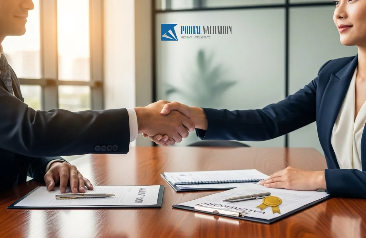 Aperto de mão profissional entre consultor e empresário selando um acordo de M&A.