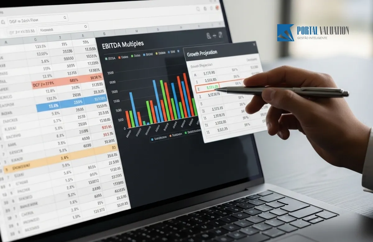 Dashboard financeiro detalhando cálculo de Fluxo de Caixa Descontado e Múltiplos de EBITDA. Serviços de Consultoria de Valuation Portal do Valuation.