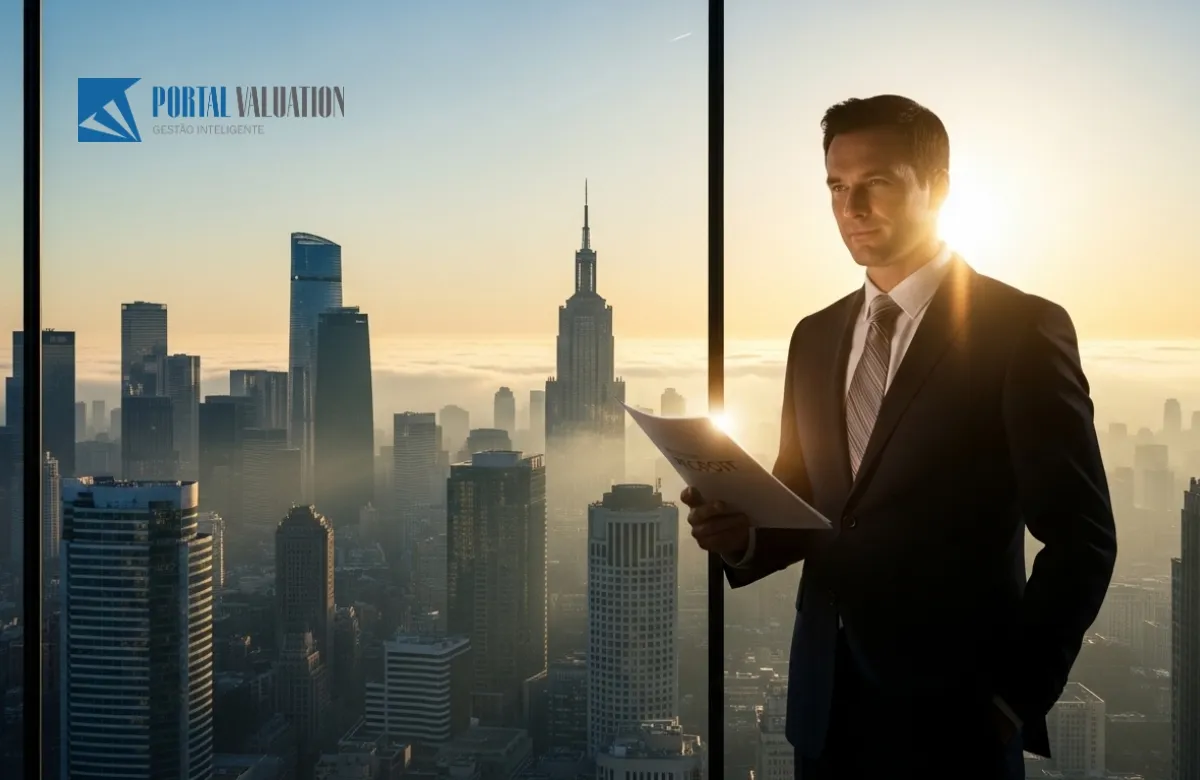 Um empresário observando um horizonte iluminado e limpo, segurando um laudo de avaliação brilhante.