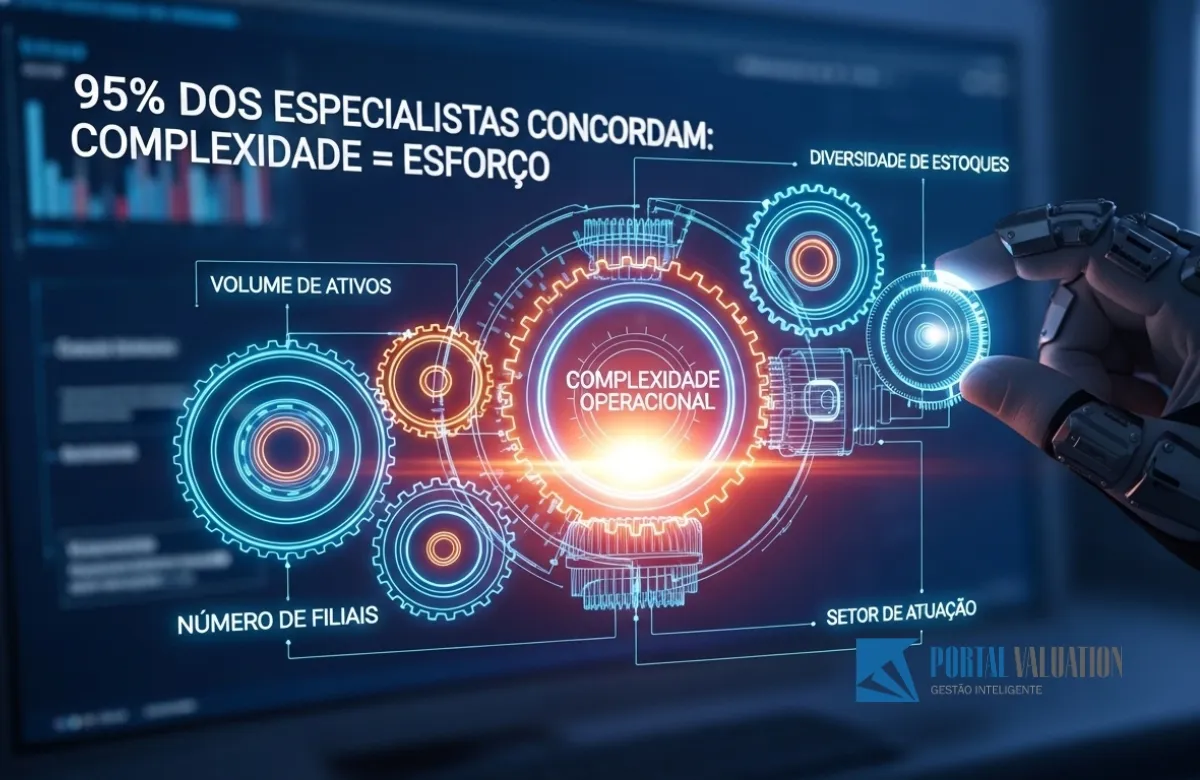 Um diagrama técnico holográfico mostrando engrenagens complexas rotuladas com variáveis financeiras, sendo ajustado pela mão de um analista em um ambiente de dados de 2026.