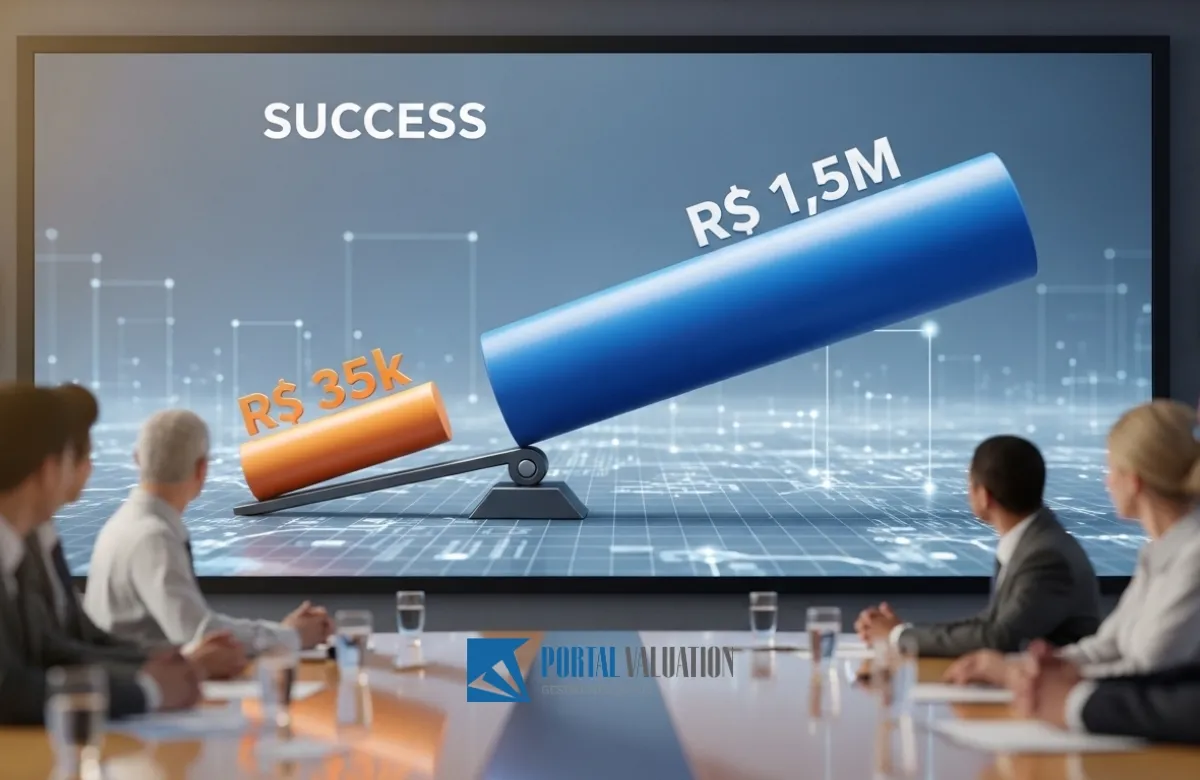 Um gráfico de barras onde uma pequena barra (R$ 35k) impulsiona o crescimento de uma barra gigante (R$ 1.5M).