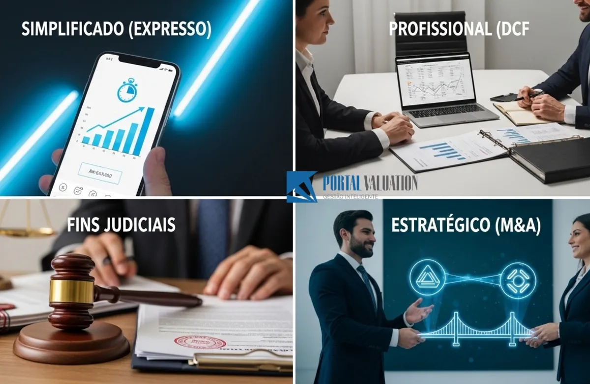 Uma foto dividida em quatro quadrantes distintos mostrando diferentes níveis de serviço de valuation: Expresso, Profissional, Judicial e M&A.