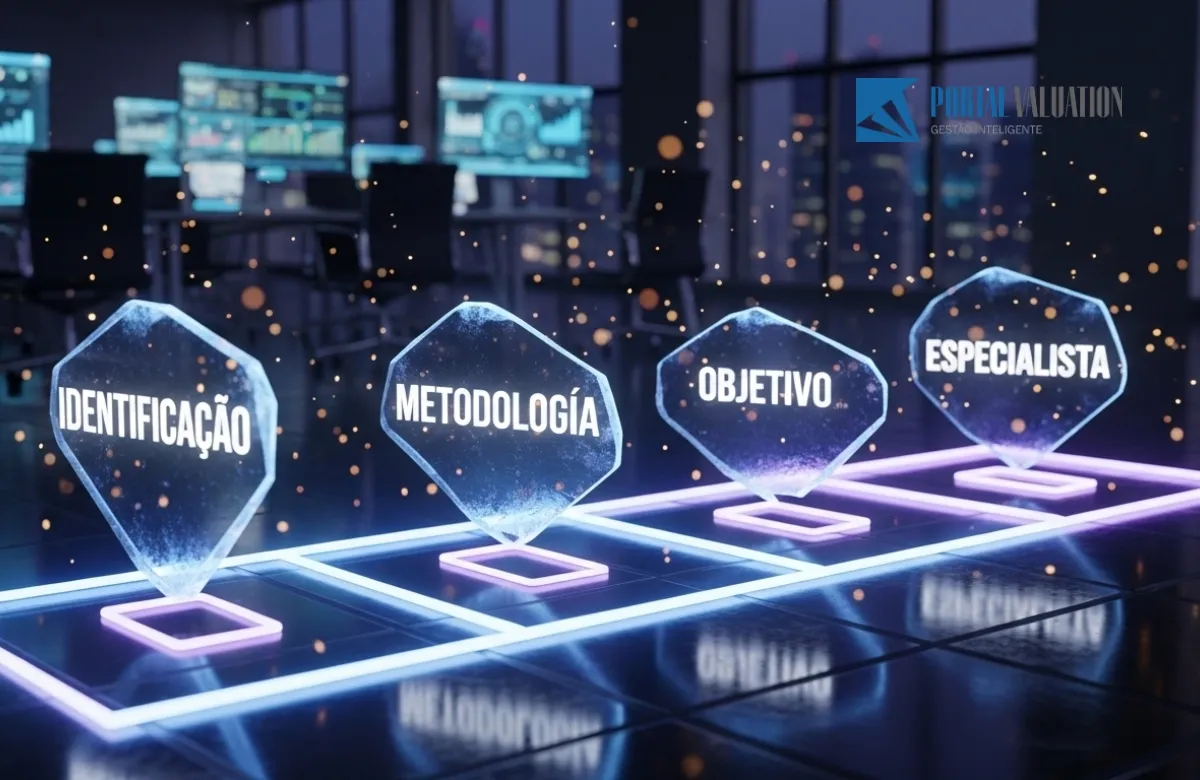 Um caminho de luz neon conectando marcos como "Identificação", "Metodologia" e "Escolha" em um ambiente digital.