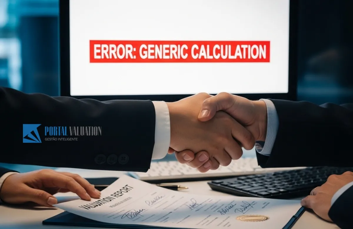 Uma tela de computador genérica com erro "Generic Value" comparada a um aperto de mão entre um consultor e um empresário.