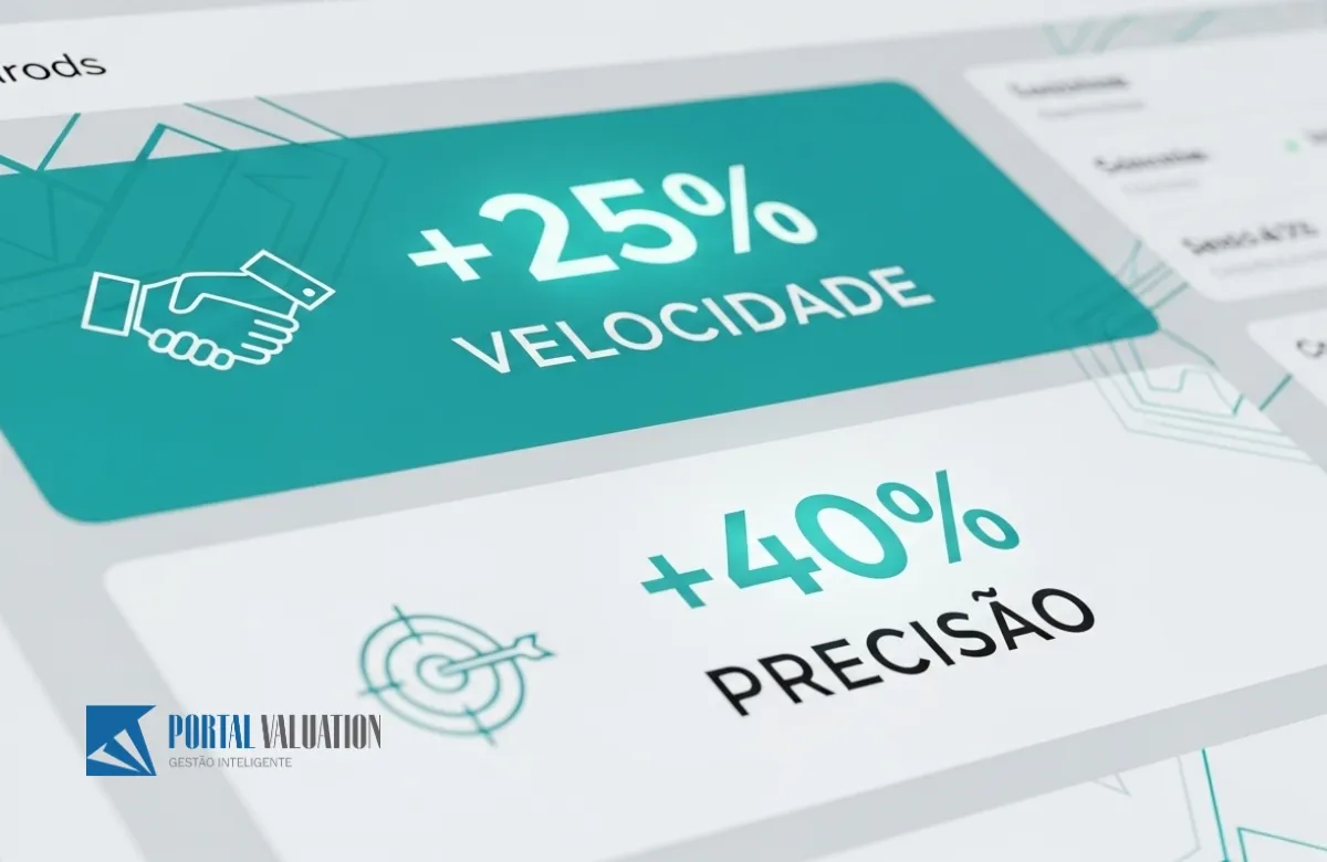 Ícones de sucesso com as estatísticas "+25% mais rápido" e "+40% mais precisão" em uma interface digital.