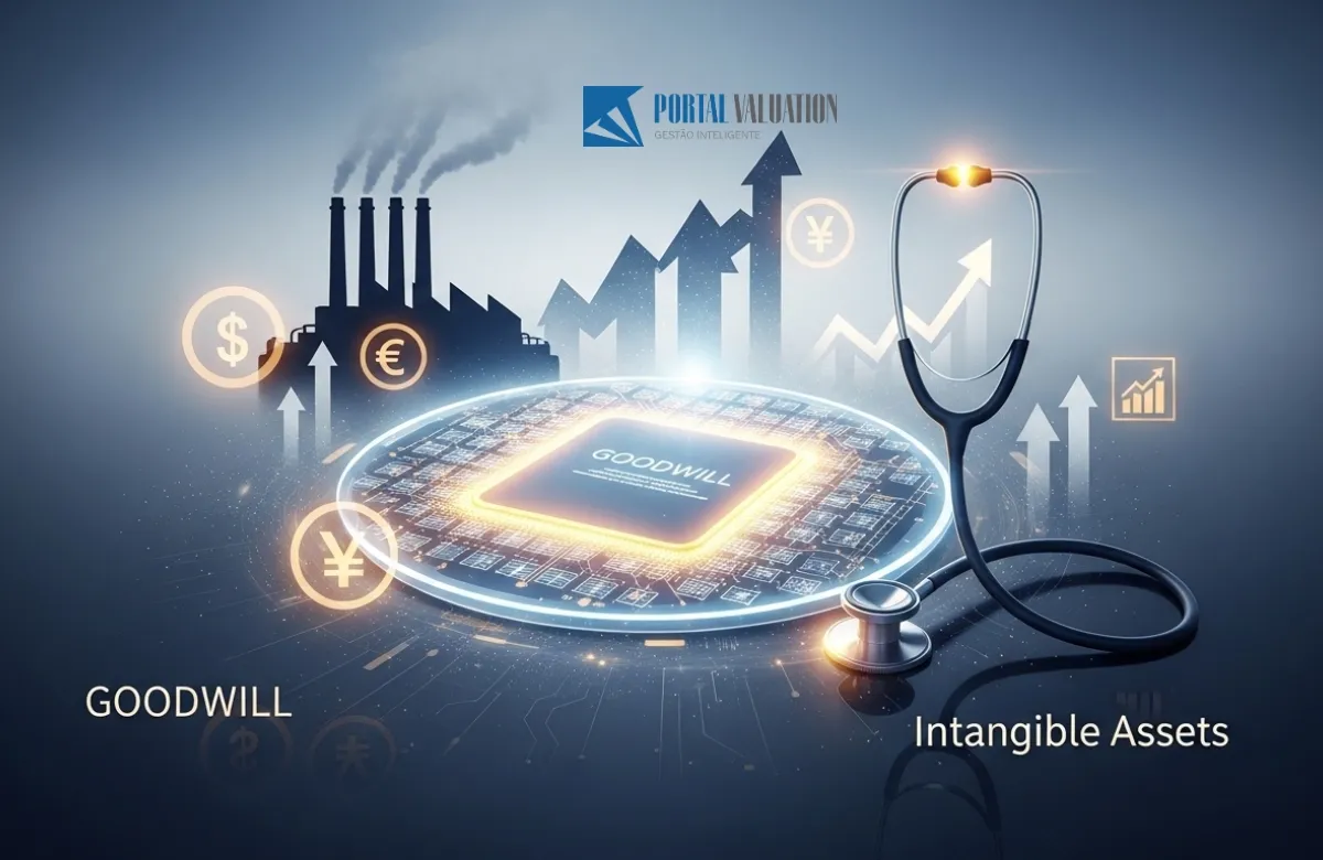 Colagem elegante representando diferentes setores como indústria, tecnologia e saúde para valuation.