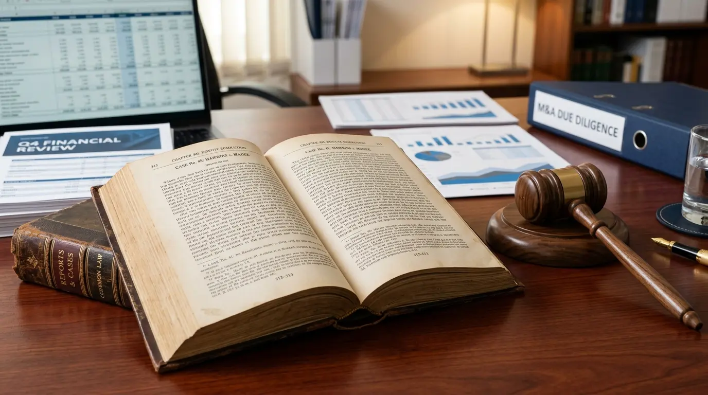 Livro de Direito Civil brasileiro aberto ao lado de um martelo de juiz de madeira nobre e relatórios financeiros.