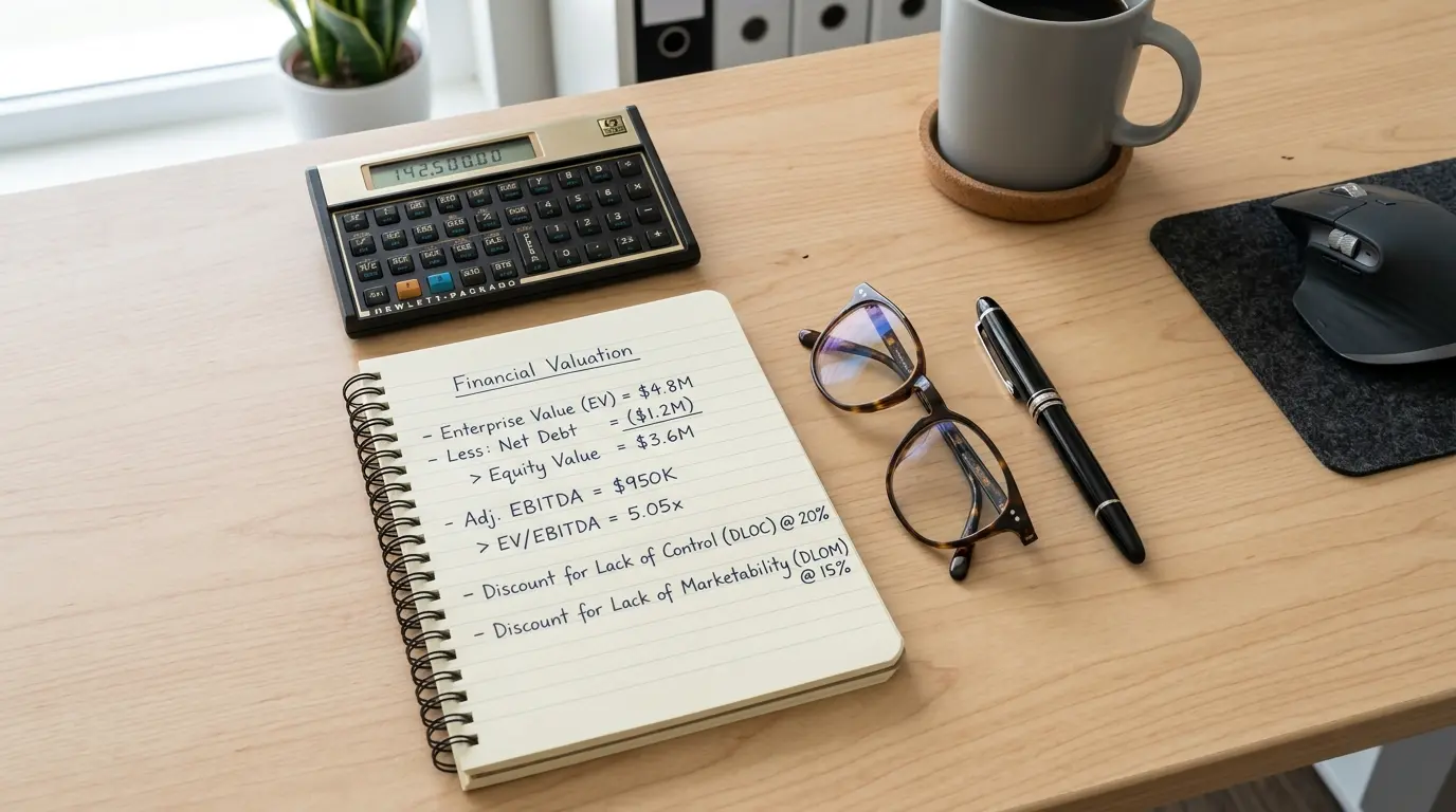 Calculadora financeira de alta performance ao lado de uma planilha com o cálculo do Equity Value e descontos de minoria.