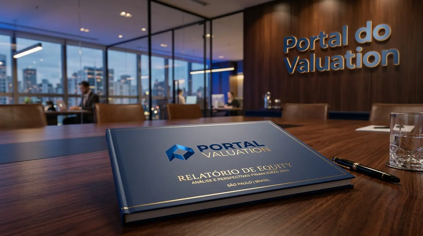 Um relatório financeiro premium intitulado 'Relatório de Equity' sobre uma mesa de madeira escura com o logotipo do Portal do Valuation.